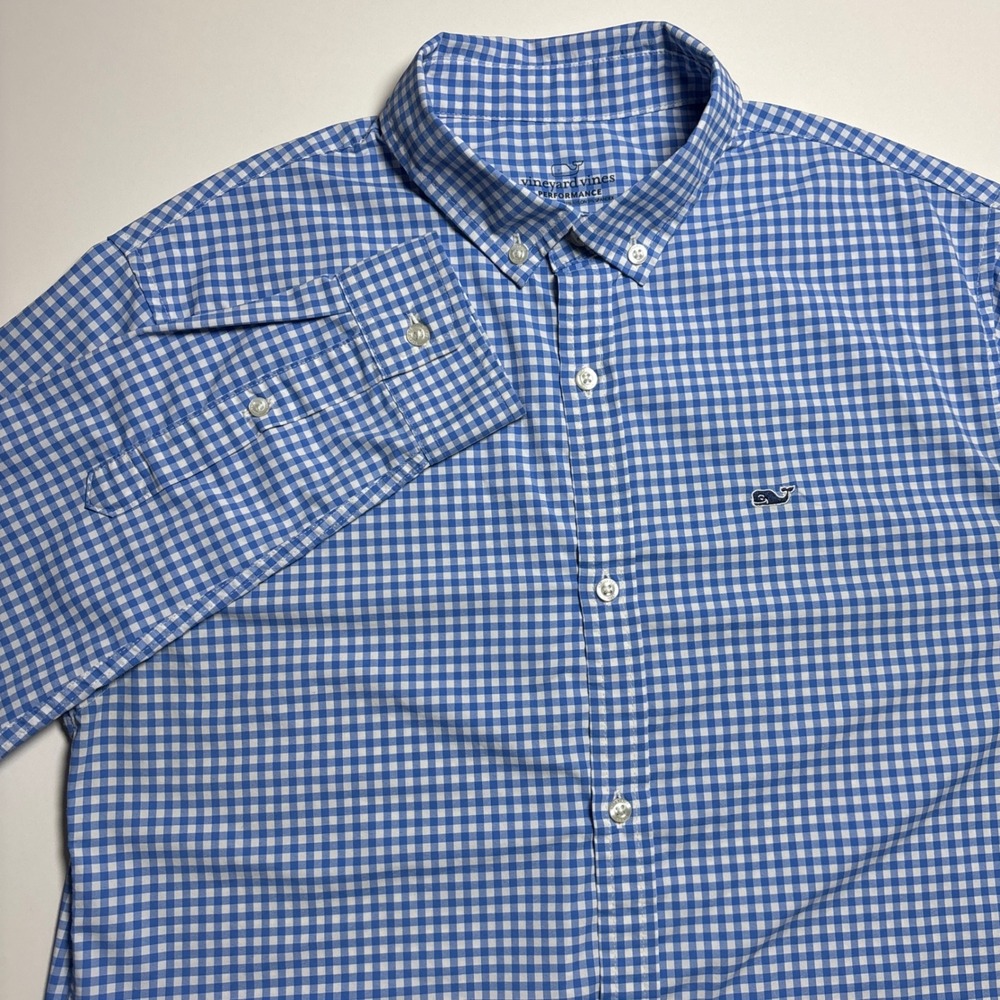Vineyard Vines Performance Button Down Shirt Boys XL 18 Blue Gingham Check Whale - Picture 3 of 8